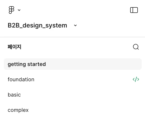 Figma에서 foundation·basic·complex로 구분한 B2B 디자인 시스템 페이지 구조