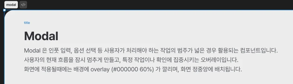 Modal 컴포넌트의 역할과 오버레이 규칙을 설명한 디자인 가이드