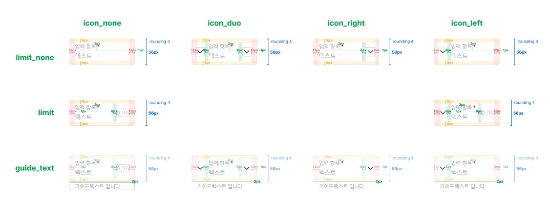 Text Field 아이콘 구성별 패딩과 높이를 시각화한 레이아웃 명세