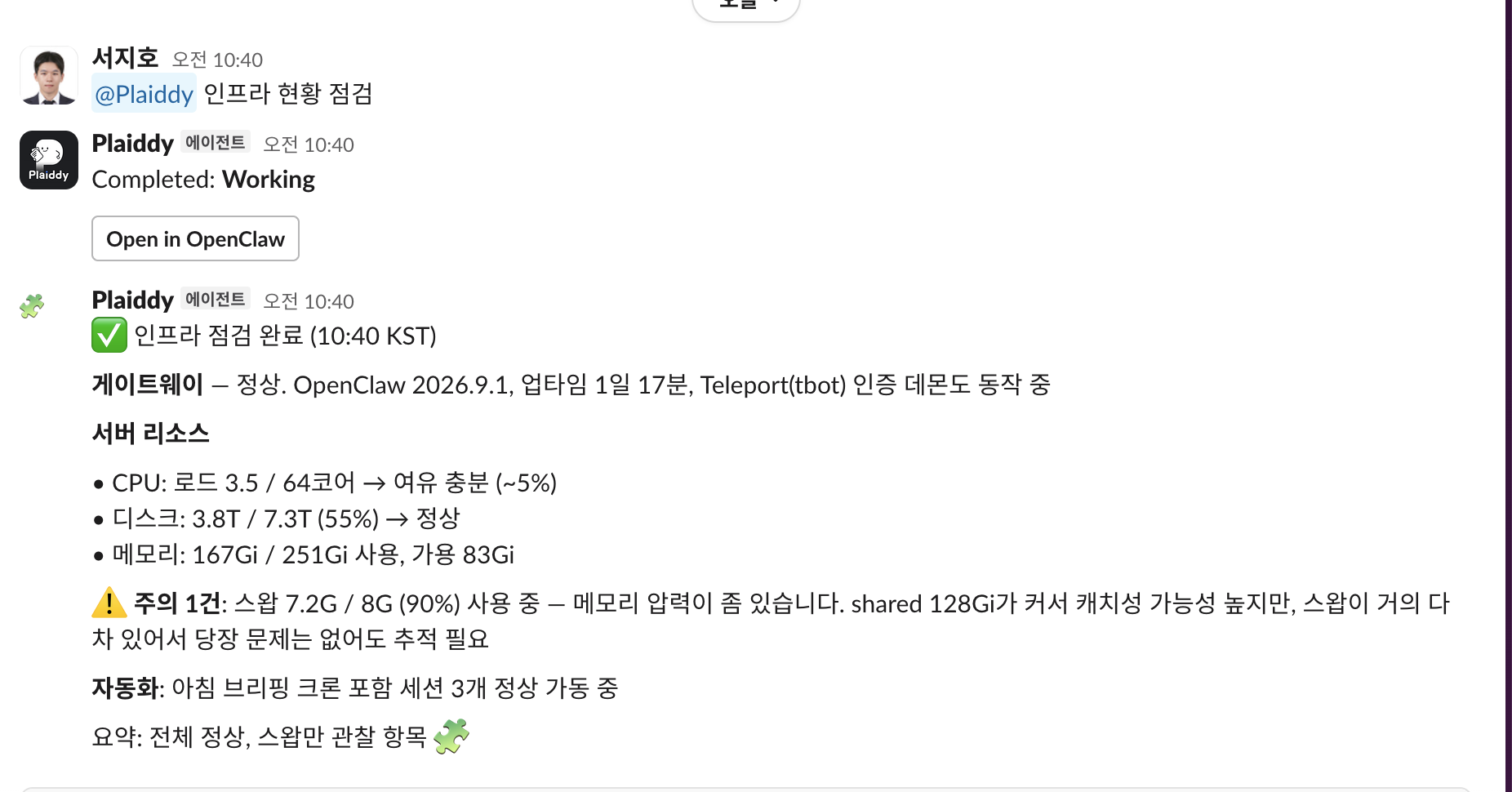 Slack에서 Plaiddy를 멘션해 점검을 요청하고 게이트웨이·서버 자원·스왑 관찰 항목을 응답받은 화면