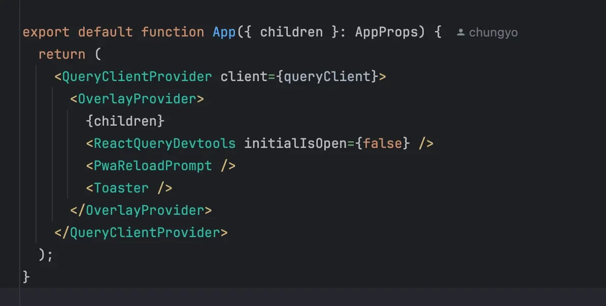 QueryClientProvider 안에 ReactQueryDevtools를 등록한 코드 예시