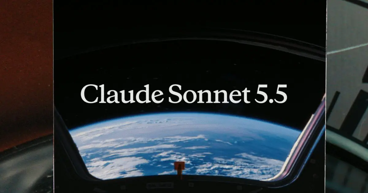 우주선 창 너머 지구 위로 Claude Sonnet 5.5 이름이 보이는 Anthropic의 공식 발표 이미지