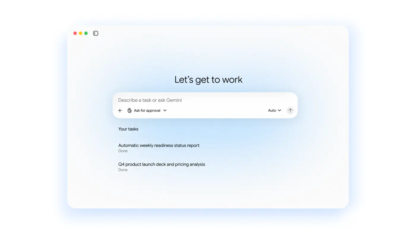 주간 보고서와 제품 출시 자료 작업이 나열된 Google의 Gemini agent 공식 화면