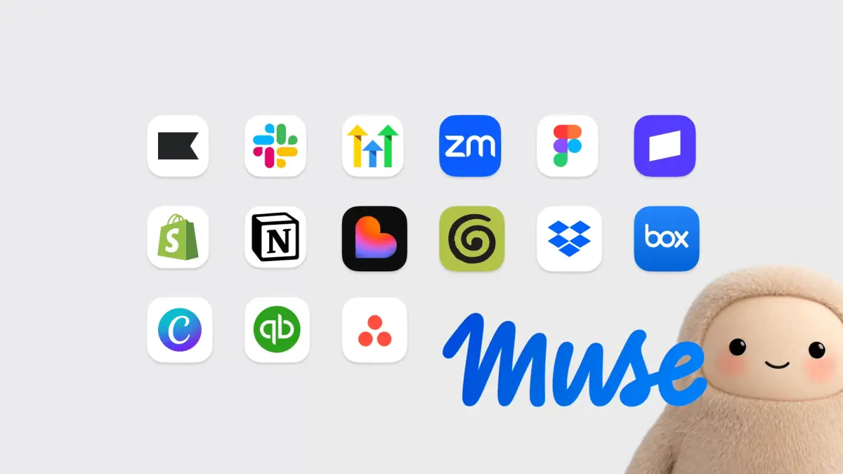 Muse 캐릭터 옆에 Slack, Shopify, Notion, Canva 등 연결 서비스가 배치된 Meta 공식 이미지
