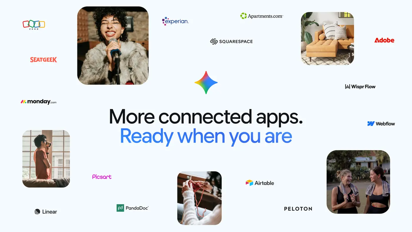 Gemini 주위에 Linear, Airtable, Adobe, Webflow 등 연결 앱의 로고를 배치한 Google의 소개 이미지